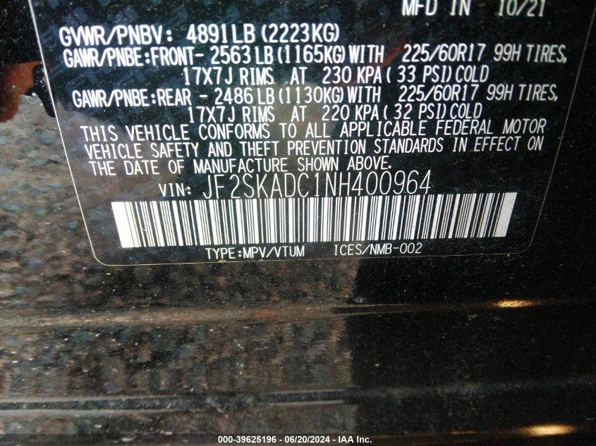 2022 Subaru Forester Premium VIN: JF2SKADC1NH400964 Lot: 39625196