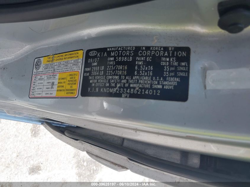 2008 Kia Sedona Lx VIN: KNDMB233486214012 Lot: 39625197