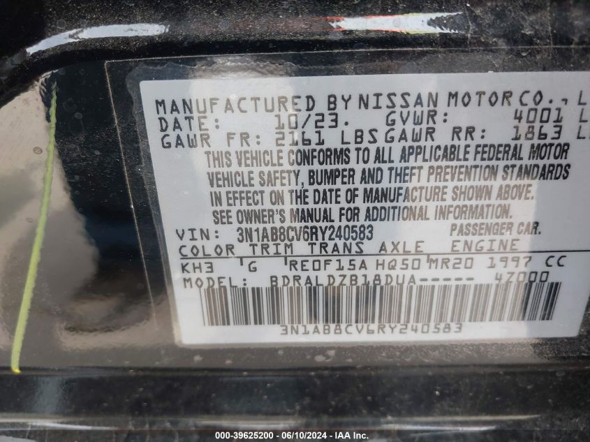 2024 Nissan Sentra Sv VIN: 3N1AB8CV6RY240583 Lot: 39625200