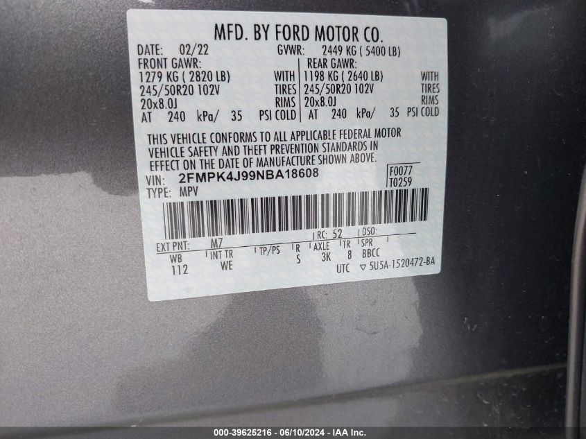 2022 Ford Edge Sel VIN: 2FMPK4J99NBA18608 Lot: 39625216