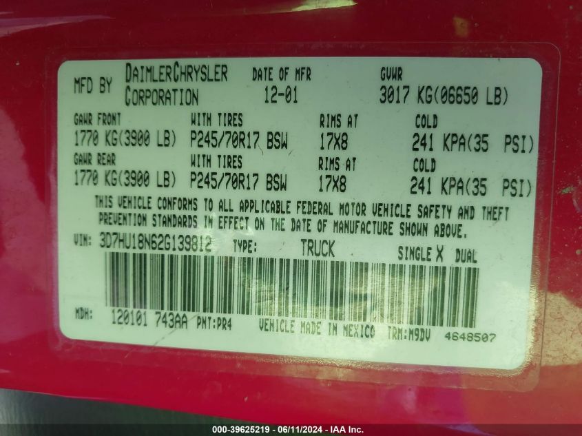 2002 Dodge Ram 1500 St VIN: 3D7HU18N62G139812 Lot: 39625219