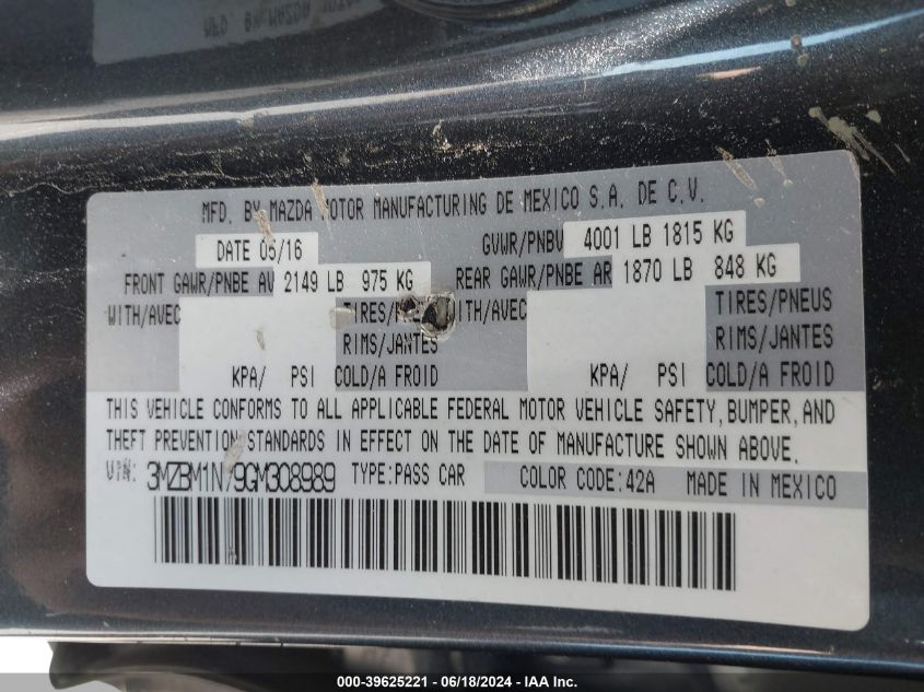 2016 Mazda Mazda3 I Grand Touring VIN: 3MZBM1N79GM308989 Lot: 39625221
