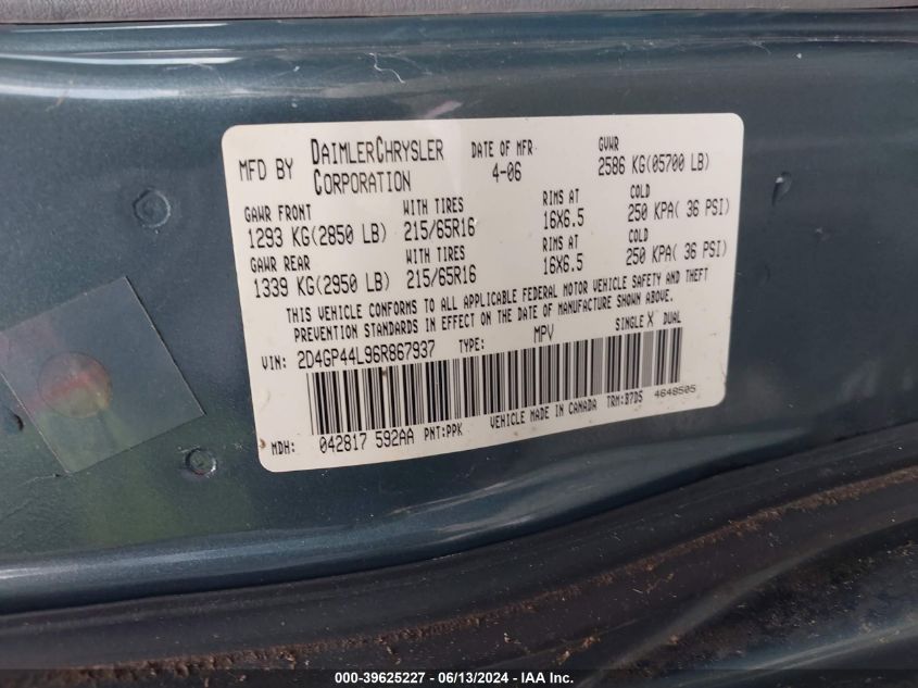 2006 Dodge Grand Caravan Sxt VIN: 2D4GP44L96R867937 Lot: 39625227