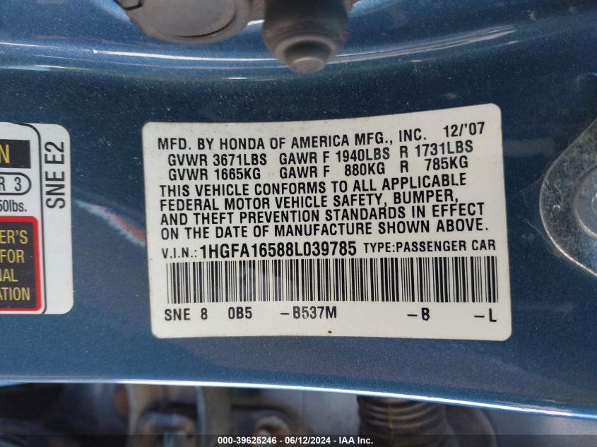 2008 Honda Civic Lx VIN: 1HGFA16588L039785 Lot: 39625246