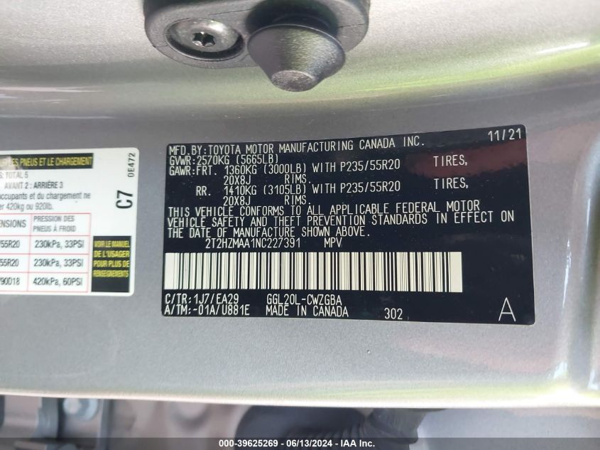 2022 Lexus Rx 350 VIN: 2T2HZMAA1NC227391 Lot: 39625269