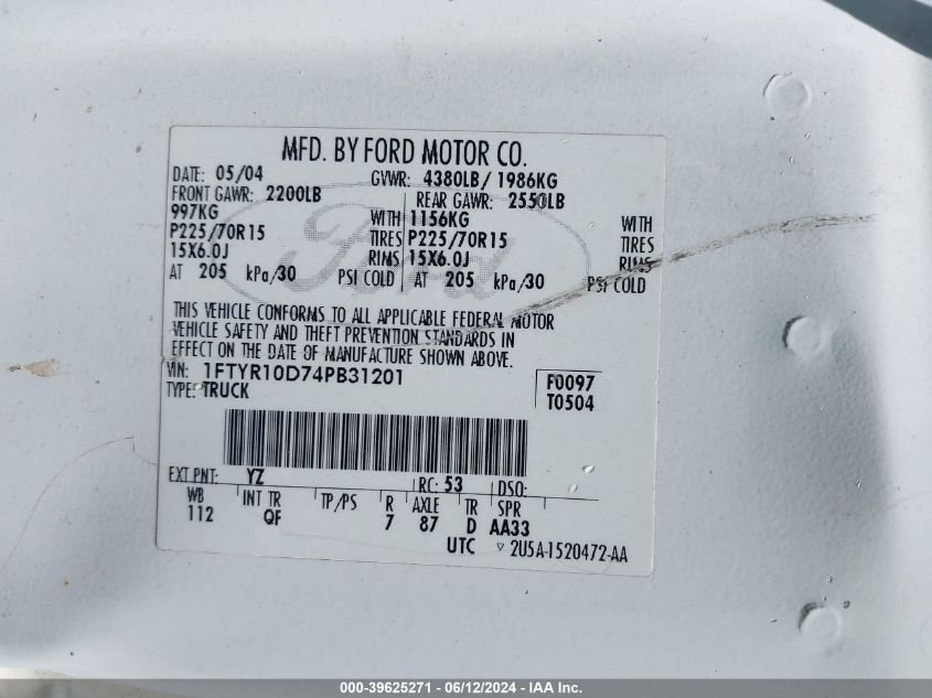 2004 Ford Ranger VIN: 1FTYR10D74PB31201 Lot: 39625271