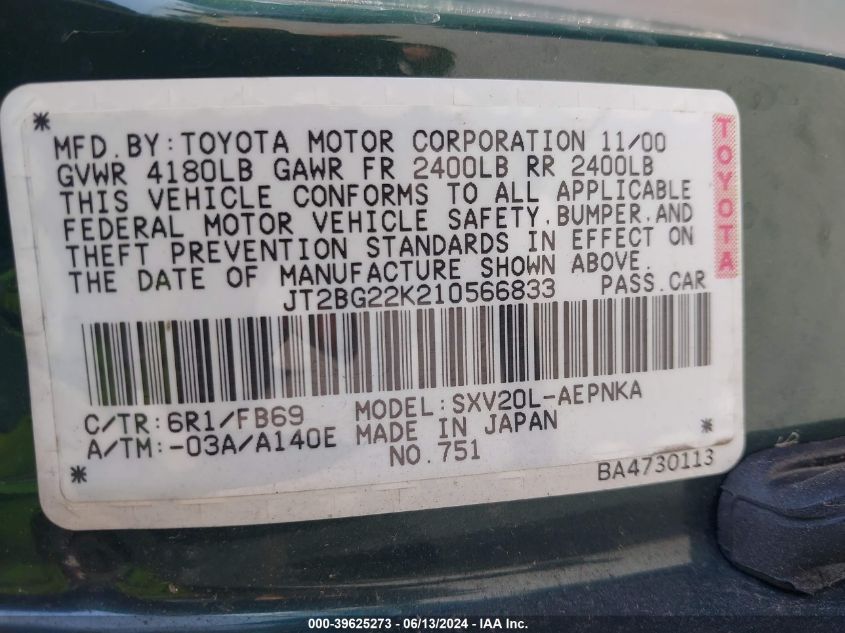 JT2B622K21056683 2001 Toyota Camry Le