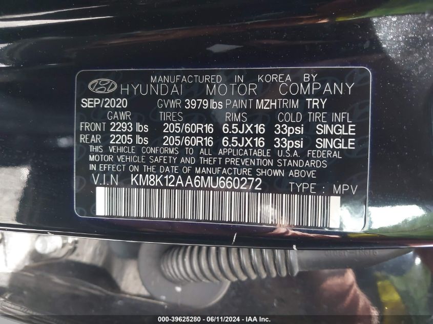 2021 Hyundai Kona Se VIN: KM8K12AA6MU660272 Lot: 39625280