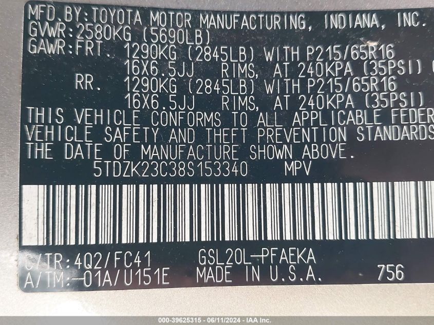 2008 Toyota Sienna Le VIN: 5TDZK23C38S153340 Lot: 39625315