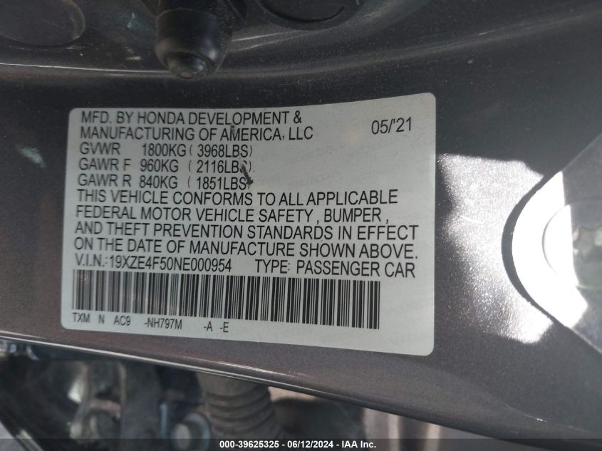 2022 Honda Insight Ex VIN: 19XZE4F50NE000954 Lot: 39625325