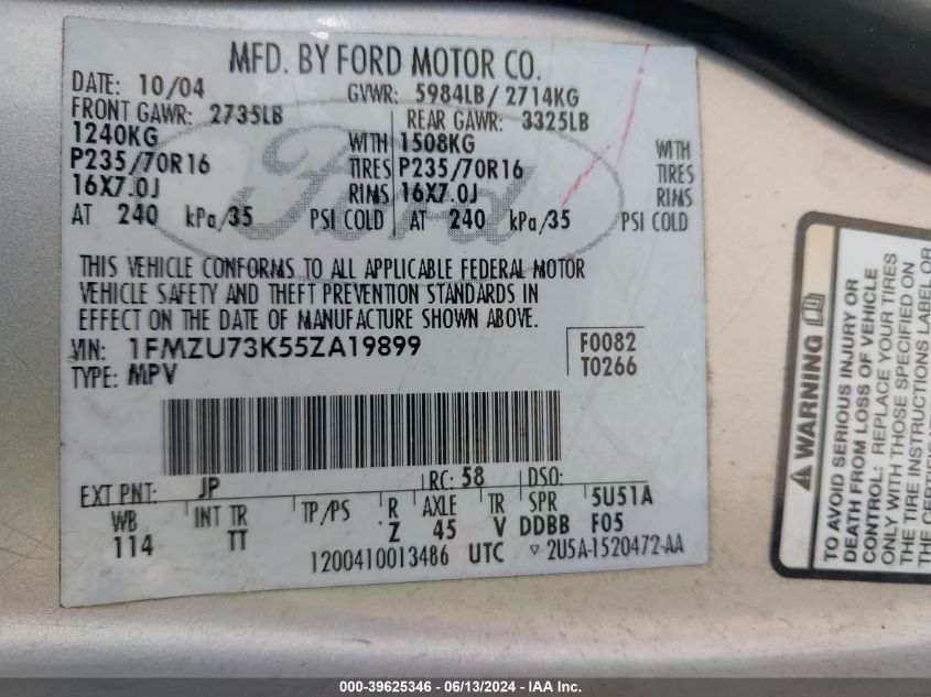 2005 Ford Explorer Xlt/Xlt Sport VIN: 1FMZU73K55ZA19899 Lot: 39625346