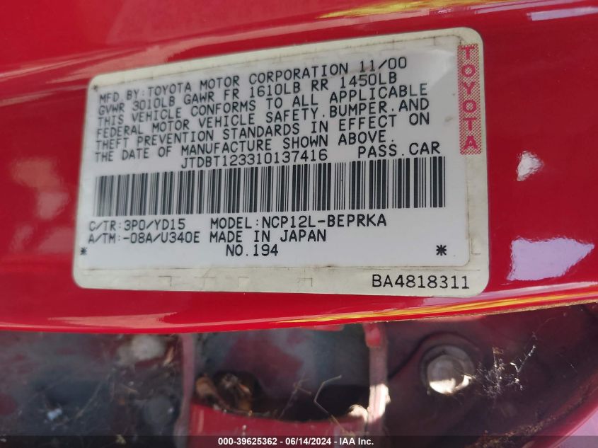 2001 Toyota Echo VIN: JTDBT123310137416 Lot: 39625362