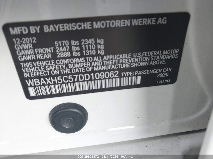 2013 BMW 528I xDrive VIN: WBAXH5C57DD109062 Lot: 39625372