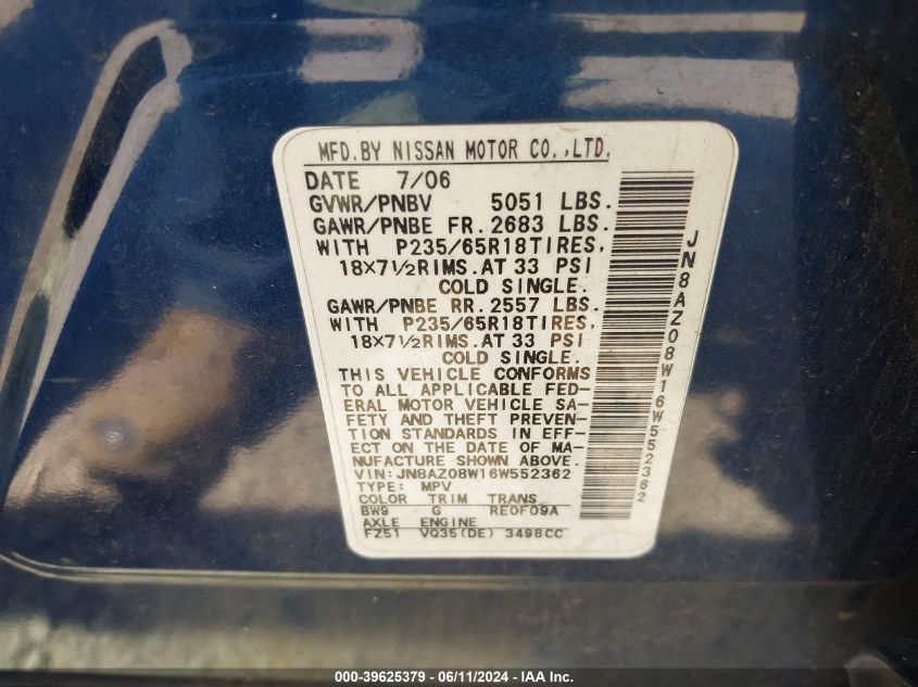 2006 Nissan Murano Sl VIN: JN8AZ08W16W552362 Lot: 39625379