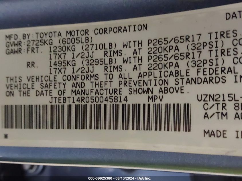 2005 Toyota 4Runner Sr5 V8 VIN: JTEBT14R050045814 Lot: 39625380