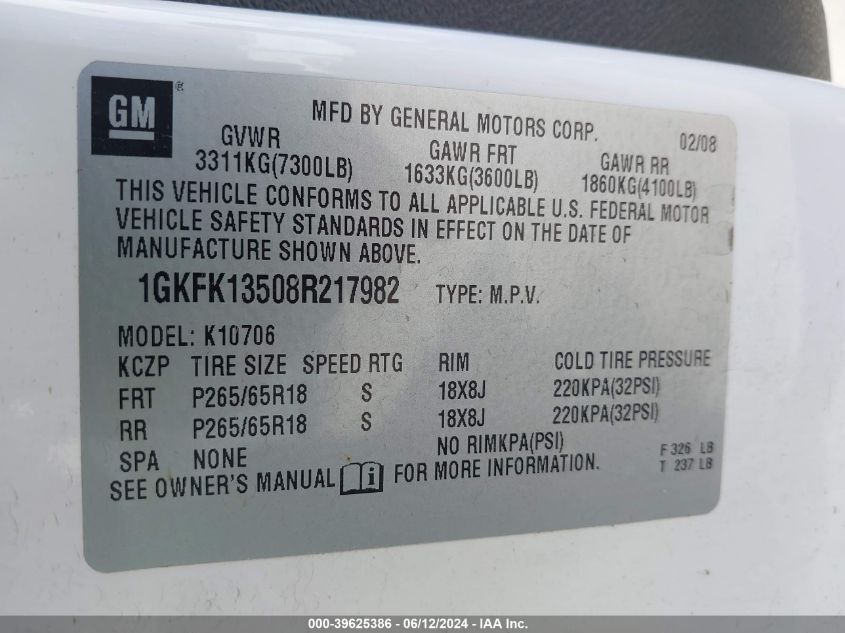 2008 GMC Yukon Hybrid VIN: 1GKFK13508R217982 Lot: 39625386