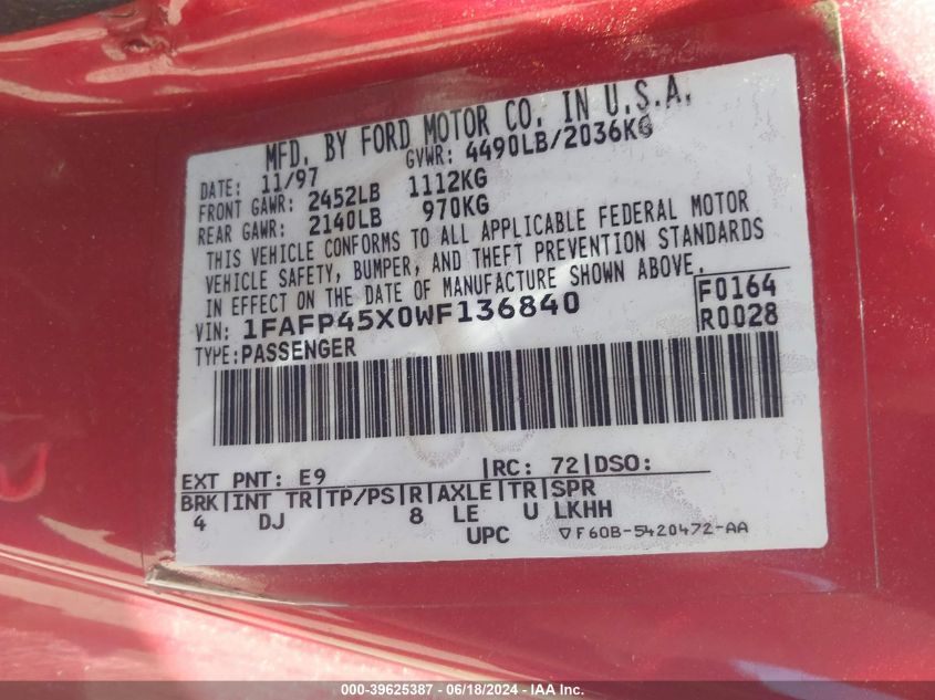 1998 Ford Mustang Gt VIN: 1FAFP45X0WF136840 Lot: 39625387