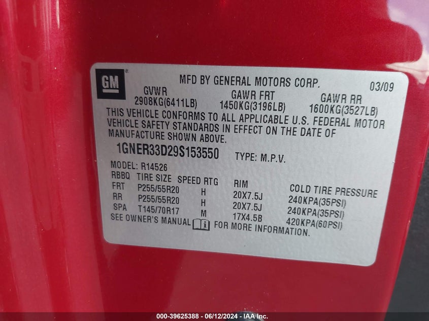 2009 Chevrolet Traverse Ltz VIN: 1GNER33D29S153550 Lot: 39625388