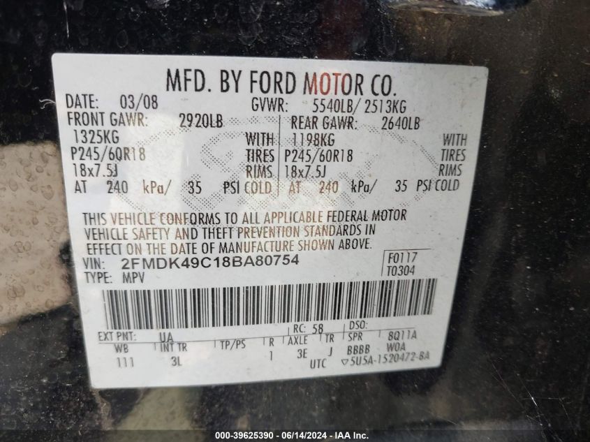 2008 Ford Edge Limited VIN: 2FMDK49C18BA80754 Lot: 39625390