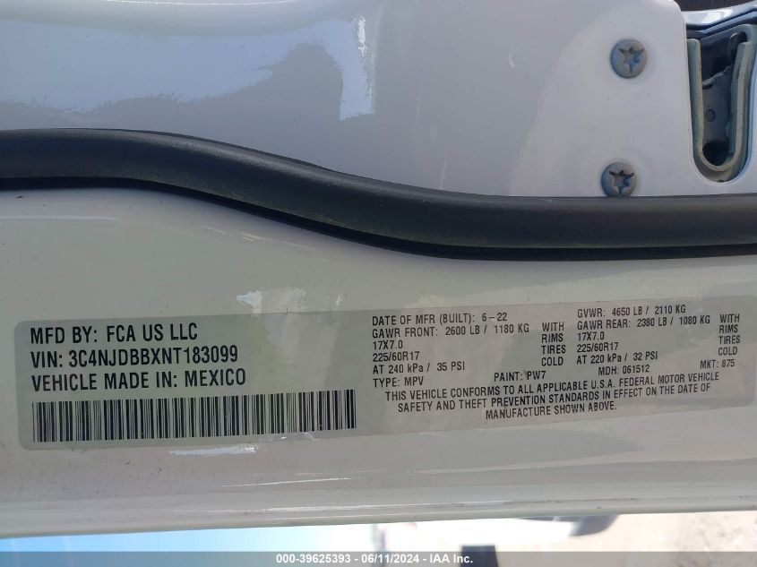 2022 Jeep Compass Latitude 4X4 VIN: 3C4NJDBBXNT183099 Lot: 39625393