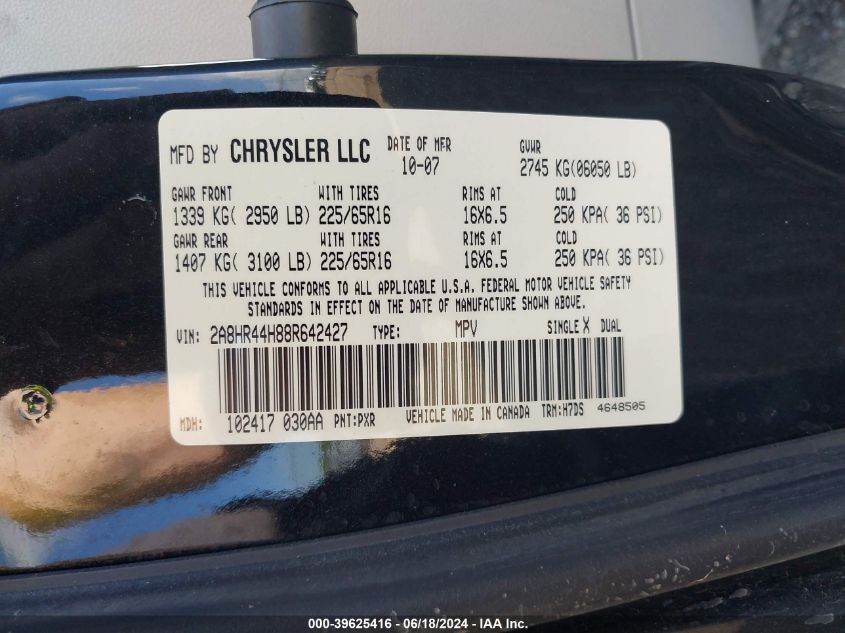 2008 Chrysler Town & Country Lx VIN: 2A8HR44H88R642427 Lot: 39625416