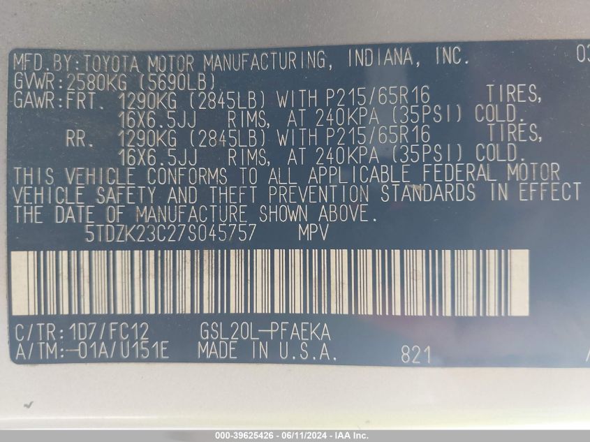 2007 Toyota Sienna Le VIN: 5TDZK23C27S045757 Lot: 39625426