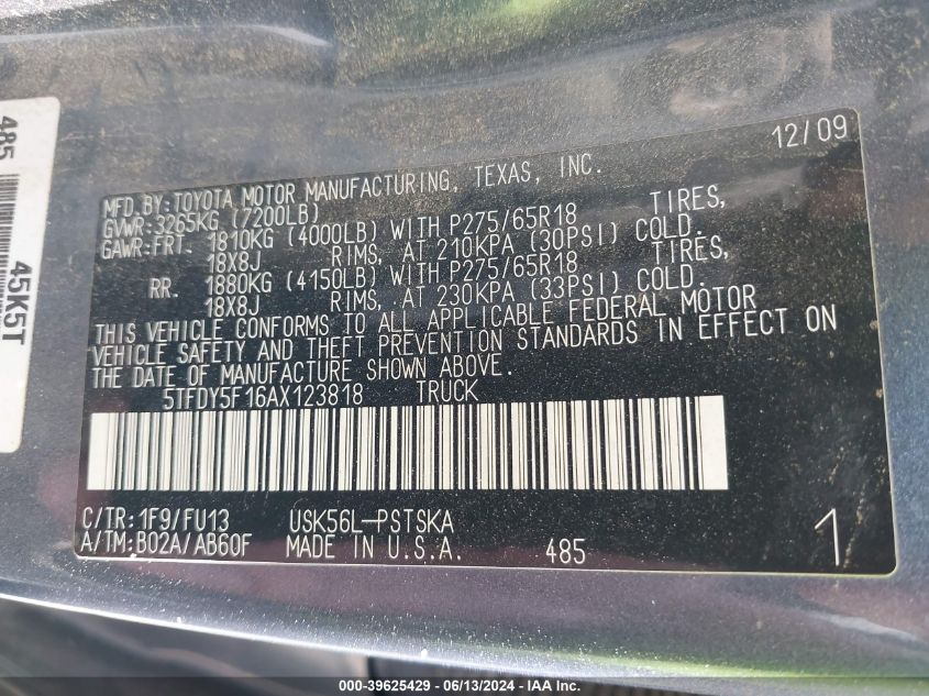 5TFDY5F16AX123818 2010 Toyota Tundra Grade 5.7L V8