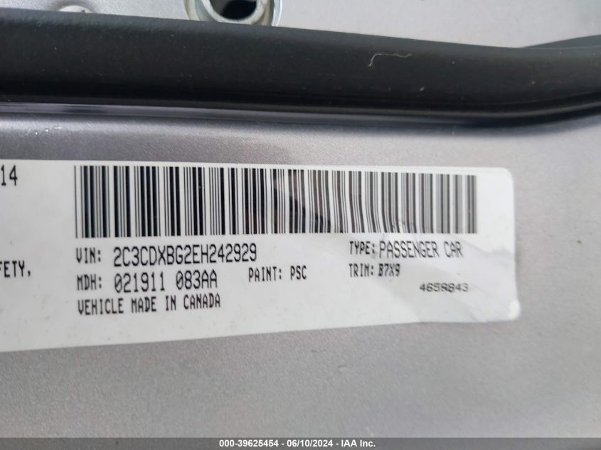 2014 Dodge Charger Se VIN: 2C3CDXBG2EH242929 Lot: 39625454