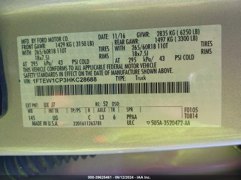 2017 Ford F-150 Xlt VIN: 1FTEW1CP3HKC28688 Lot: 39625461