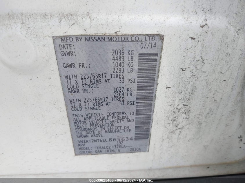 2014 Nissan Rogue Sv VIN: 5N1AT2MT6EC865634 Lot: 39625466