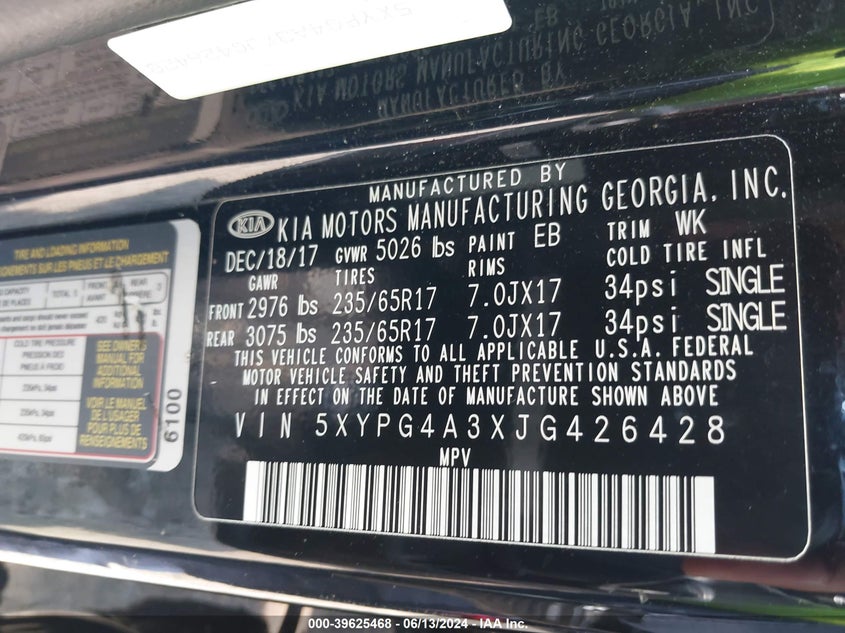 2018 Kia Sorento 2.4L L VIN: 5XYPG4A3XJG426428 Lot: 39625468
