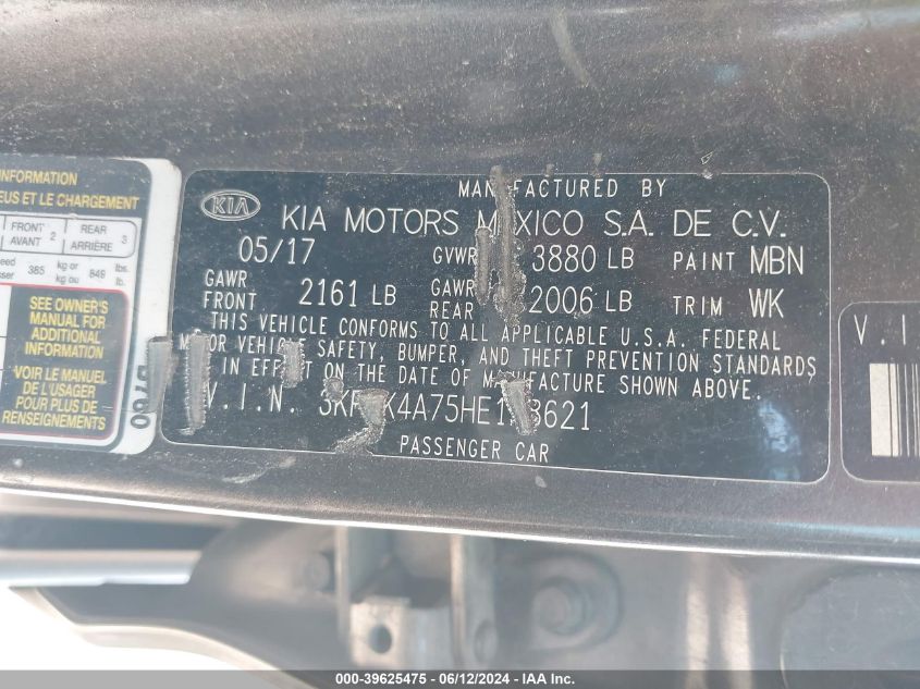 2017 Kia Forte Lx VIN: 3KPFK4A75HE158621 Lot: 39625475