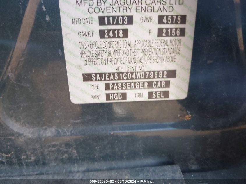 2004 Jaguar X-Type 3.0 VIN: SAJEA51C04WD79582 Lot: 39625482
