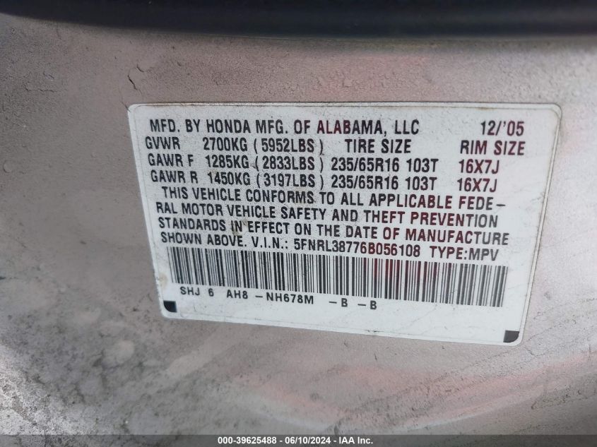 2006 Honda Odyssey Ex-L VIN: 5FNRL38776B056108 Lot: 39625488