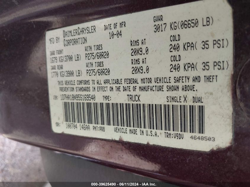 2005 Dodge Ram 1500 Slt/Laramie VIN: 1D7HA18N95S169540 Lot: 39625490