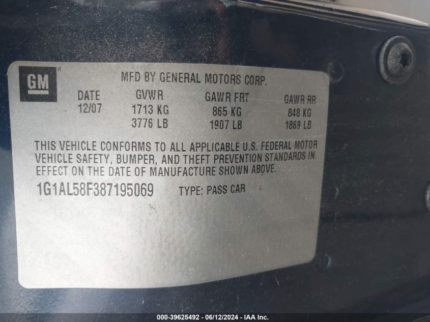 2008 Chevrolet Cobalt Lt VIN: 1G1AL58F387195069 Lot: 39625492