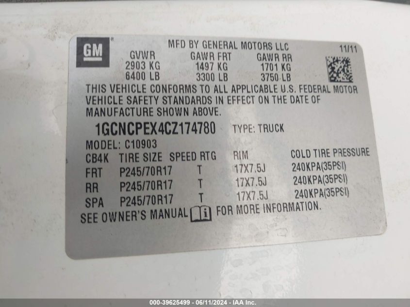 2012 Chevrolet Silverado 1500 Work Truck VIN: 1GCNCPEX4CZ174780 Lot: 39625499