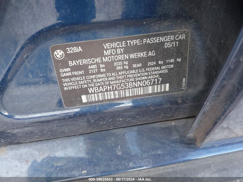 2011 BMW 328I VIN: WBAPH7G53BNN06717 Lot: 39625503