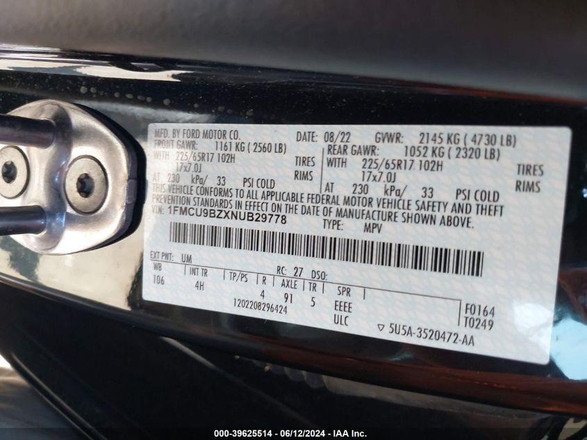 2022 Ford Escape Se Hybrid VIN: 1FMCU9BZXNUB29778 Lot: 39625514