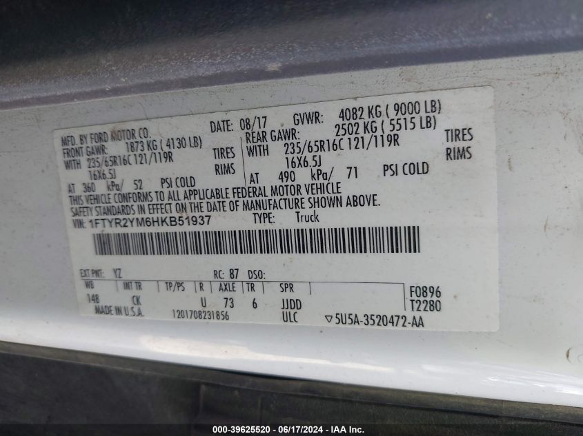 2017 Ford Transit-250 VIN: 1FTYR2YM6HKB51937 Lot: 39625520