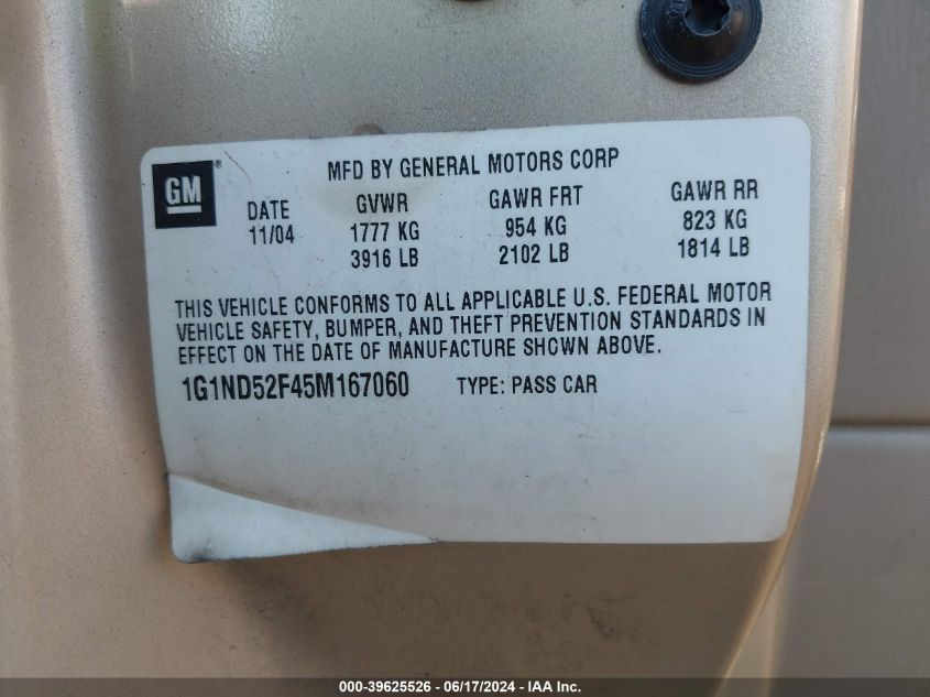 2005 Chevrolet Classic VIN: 1G1ND52F45M167060 Lot: 39625526