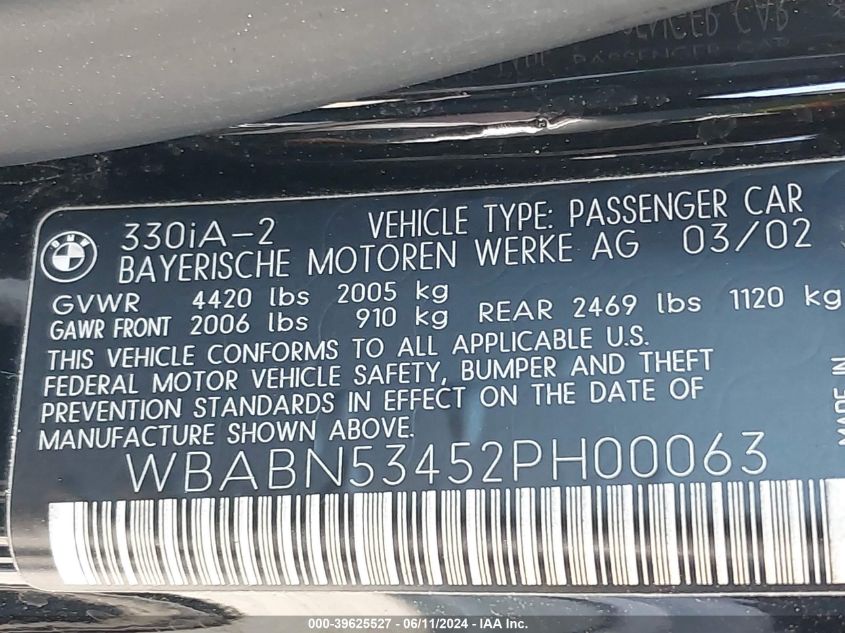 2002 BMW 330Ci VIN: WBABN53452PH00063 Lot: 39625527