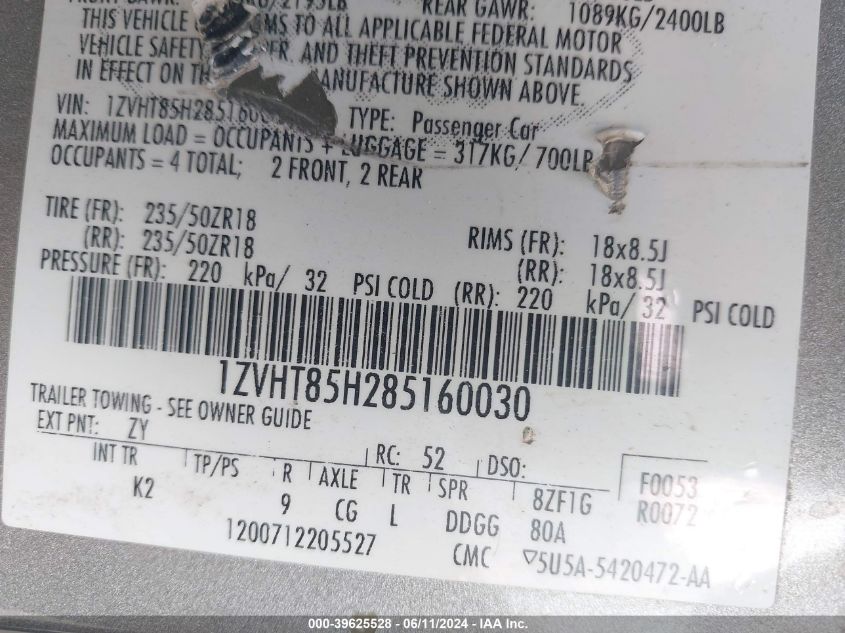 2008 Ford Mustang VIN: 1ZVHT85H285160030 Lot: 39625528