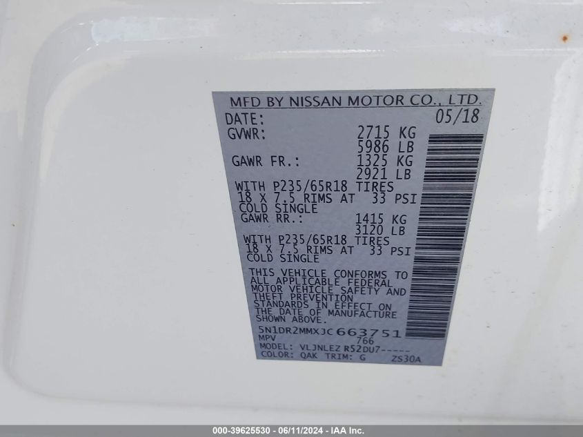 2018 Nissan Pathfinder Sv VIN: 5N1DR2MMXJC663751 Lot: 39625530