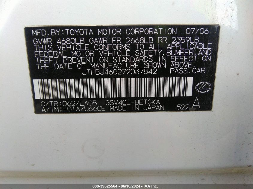 2007 Lexus Es 350 VIN: JTHBJ46G272037842 Lot: 39625564