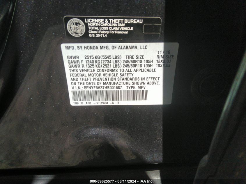 2017 Honda Pilot Ex VIN: 5FNYF5H37HB001687 Lot: 39625577