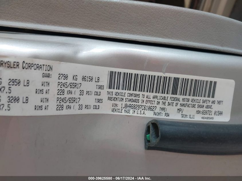 2007 Jeep Grand Cherokee Overland VIN: 1J8HR68297C610627 Lot: 39625580