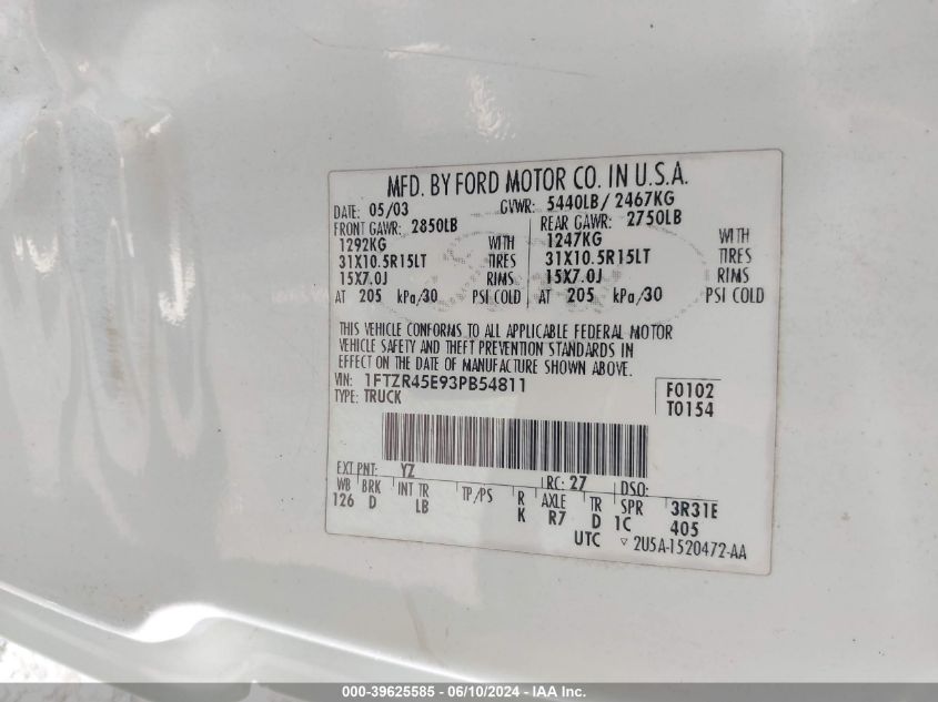 2003 Ford Ranger Edge/Xlt VIN: 1FTZR45E93PB54811 Lot: 39625585