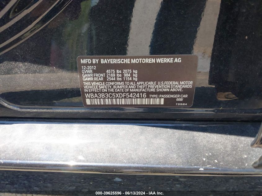 2013 BMW 328I xDrive VIN: WBA3B3C5XDF542416 Lot: 39625596