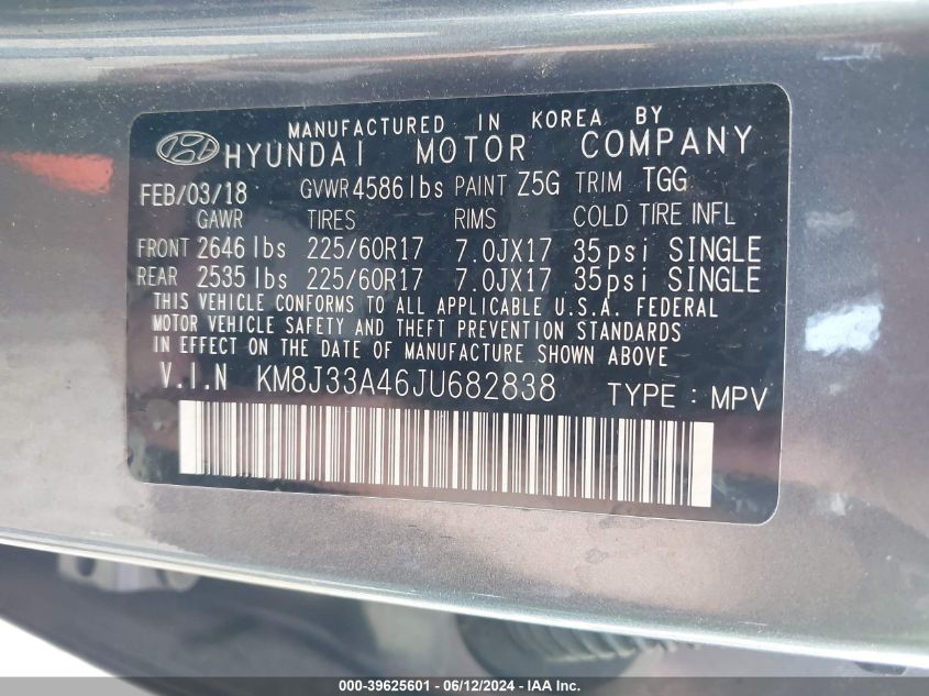 2018 Hyundai Tucson Sel VIN: KM8J33A46JU682838 Lot: 39625601